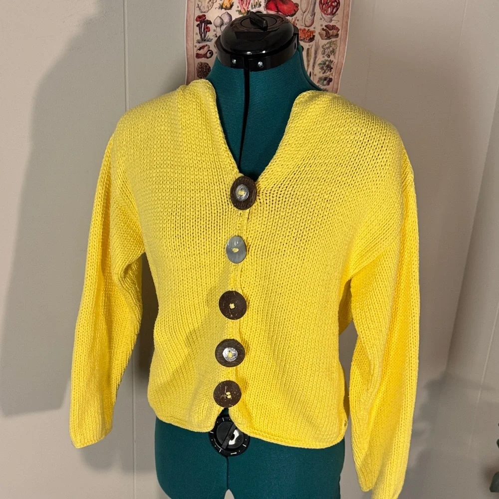 Pure Handknit Size S Yellow Women's Cardigan with Unique Buttons - Picture 1 of 5